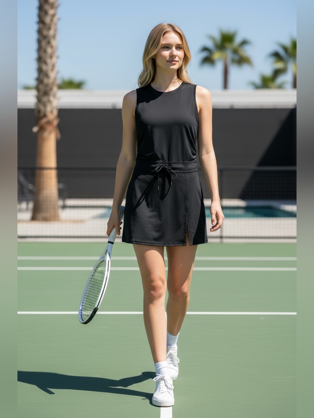 Black Sleeveless Tennis Dress with Tie Waist